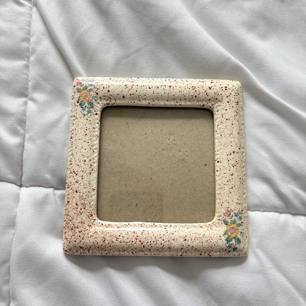Vintage Ceramic Speckled Floral Square Picture Frame Cream Brown 5x5 Cottageore